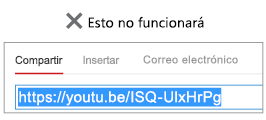 Si el código para insertar empieza con "http", el vídeo no se insertará correctamente.