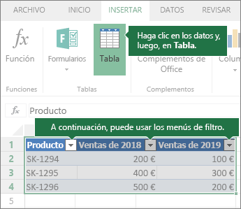 Pestaña Insertar, botón Tabla, menús de Filtrar