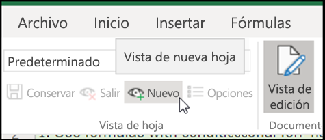 Botón Nuevo del grupo Vistas de hoja