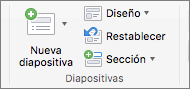 En la captura de pantalla, se muestra el grupo Diapositivas con las opciones Nueva diapositiva, Diseño, Restablecer y Sección.