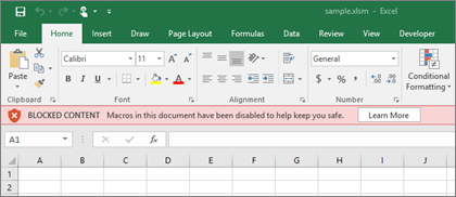 Si intenta abrir un archivo desde una ubicación sospechosa, Office bloqueará cualquier macro.