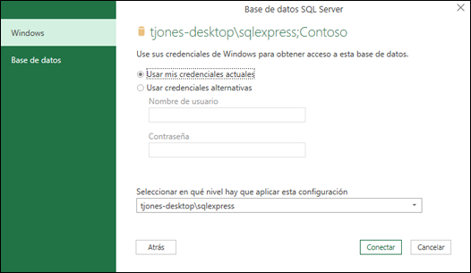 Power Query SQL Server credenciales de inicio de sesión de conexión