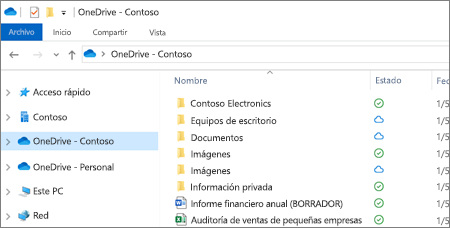 Captura de pantalla de archivos de OneDrive para la Empresa en el Explorador de archivos