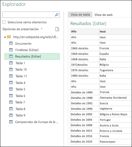 Power Query > Desde la Web > Vista de tabla del navegador