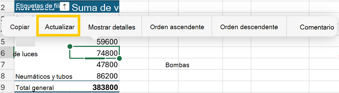 Actualizar tabla dinámica desde el menú contextual en iPad.