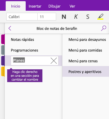 Captura del cambio de nombre de una sección en OneNote