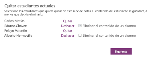 Abra la lista “Quitar alumnos actuales” con los nombres de los alumnos seleccionados. Una casilla junto al nombre de un alumno seleccionado tiene el texto “Eliminar el contenido del alumno”.