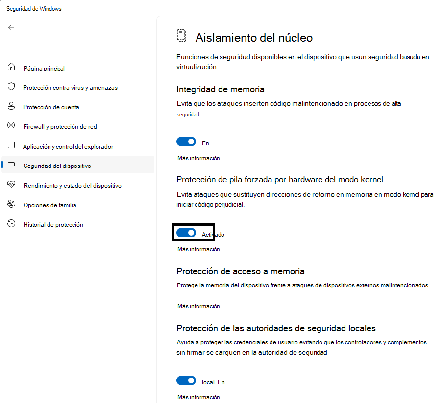 Indica la ubicación del botón de alternancia de la interfaz de usuario de protección de pilas habilitada para hardware del modo kernel en la página Aislamiento del núcleo de la aplicación seguridad de Windows.