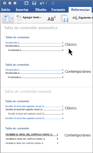 En la pestaña Referencias, haga clic en Tabla de contenido y elija un estilo de tabla de contenido automática en la galería.