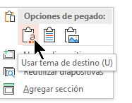 En Opciones de pegado, seleccione la primera opción, Usar tema de destino