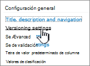 Undersettings, select versioning settings