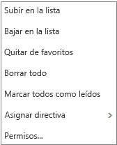 Menú contextual o de acceso directo que se muestra al hacer clic con el botón derecho en la bandeja de entrada de Correo