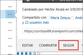 Seleccione el comando Seguir en el menú de la tarjeta emergente en OneDrive para la Empresa