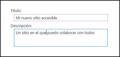 Cuadro de diálogo título de nuevo sitio de SharePoint Online