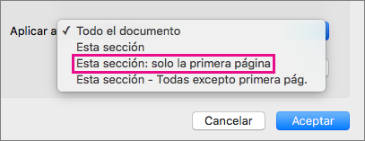 Menú Aplicar en con la opción Solo la primera página resaltada