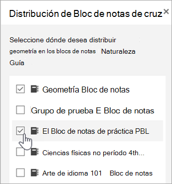 Ventana de selección de distribución cruzada de blocs de notas