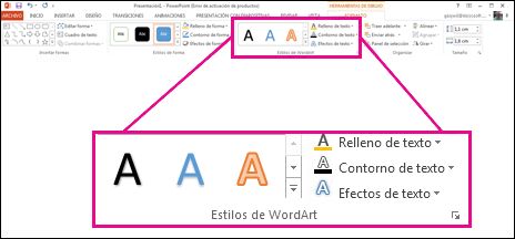 Comandos Estilos de WordArt de la cinta de opciones