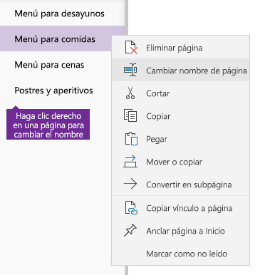 Captura del cambio de nombre de una página en OneNote