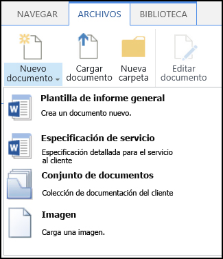 Menú Nuevo documento con tipos de contenido personalizados en un sitio de SharePoint