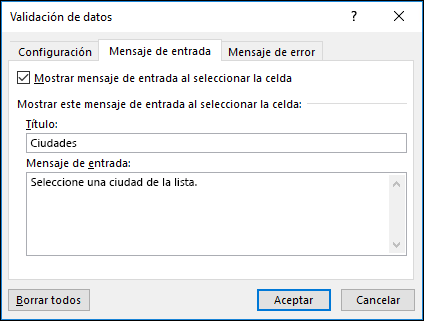 Opción Mensaje de entrada de validación de datos