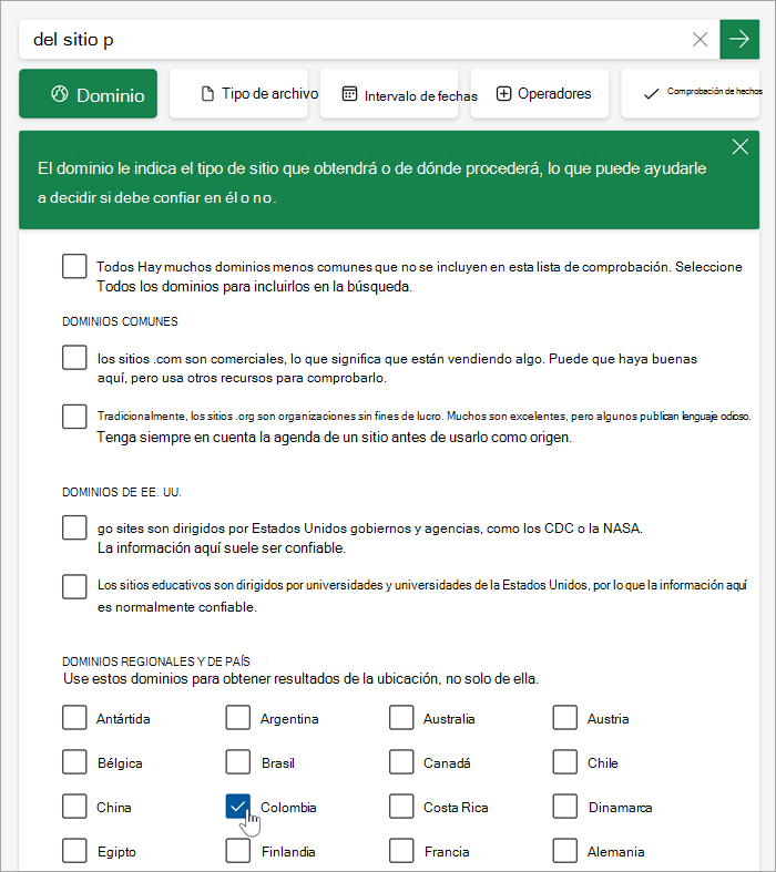 Captura de pantalla de la lista de dominios de País y Región después de hacer clic en más