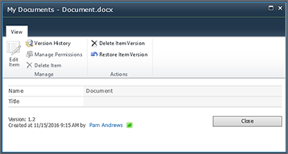 Cuadro de diálogo Historial de versiones de SharePoint 2010