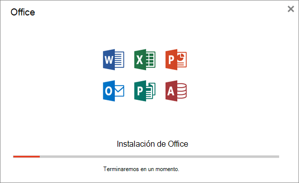 Muestra el cuadro de diálogo de progreso que aparece cuando se instala Office