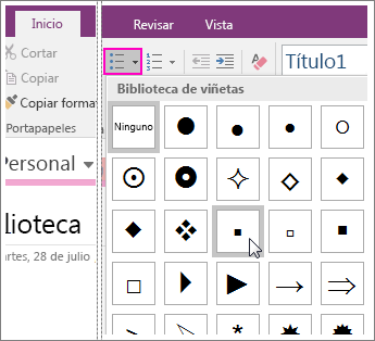 Captura de pantalla de cómo agregar viñetas a una página en OneNote 2016.