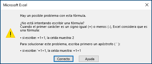 Imagen del diálogo "Error en esta fórmula" de Excel