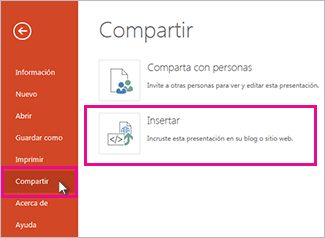 Haga clic en Compartir y luego en Insertar