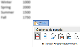 El botón de opciones de pegado, junto a algunos datos de Excel, se expandió para mostrar las opciones