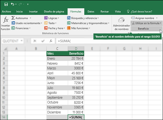 Haga clic en "Utilizar en la fórmula" para agregar un nombre definido a la sintaxis de una fórmula