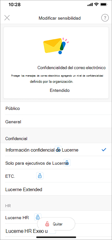 Captura de pantalla de etiquetas de confidencialidad en Outlook para iOS