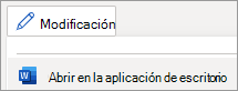 Menú Modo de edición, comando Abrir en la aplicación de escritorio