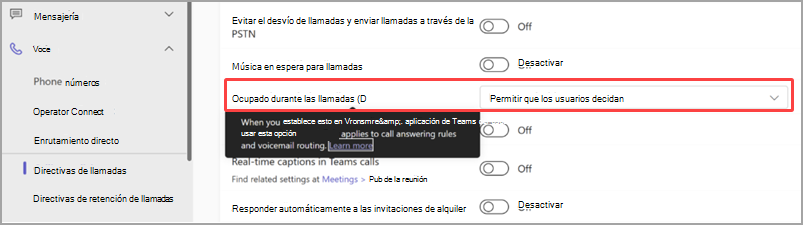 Los administradores podrán permitir que sus usuarios configuren la configuración de ocupado ocupado