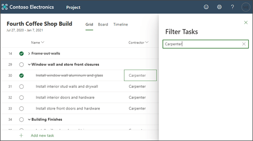 Captura de pantalla de un proyecto filtrado por el contenido de una columna