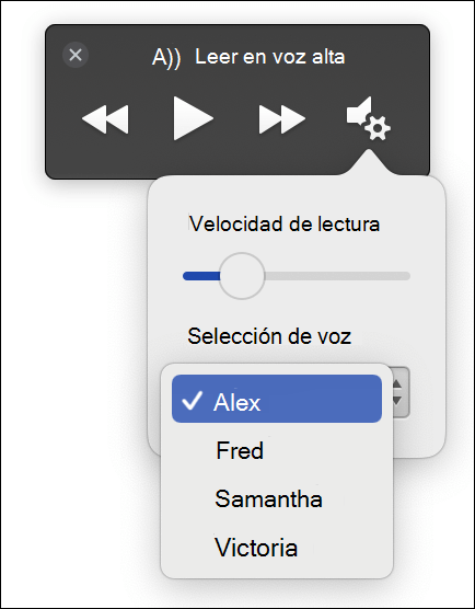 Se muestran cuatro opciones de selección de voz para Lector inmersivo de lectura en voz alta