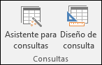 El grupo Consultas de la cinta de Access incluye dos opciones: Asistente para consultas y Diseño de consulta