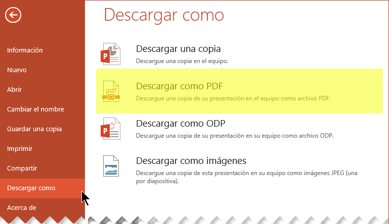 Seleccione Archivo > Descargar como > Descargar como PDF