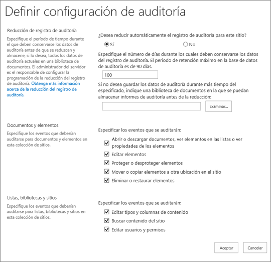 Configurar las opciones de auditoría en el cuadro de diálogo Configuración del sitio