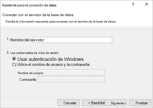 Pantalla 1 del Asistente para la conexión de datos