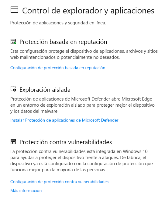 Control de aplicaciones y explorador en Seguridad de Windows