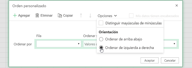 Orden personalizado abre el menú Opciones y selecciona Ordenar de izquierda a derecha