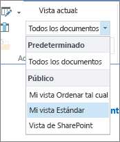 Lista de vistas actual de la cinta de opciones