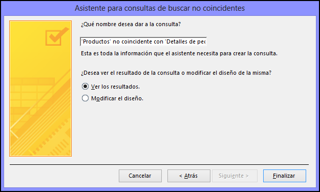 Escriba un nombre para su consulta de no coincidentes en el cuadro de diálogo Asistente para consultas de buscar no coincidentes.