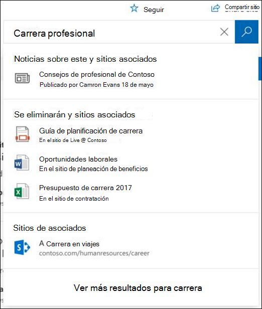 Resultados de búsqueda en un SharePoint hub