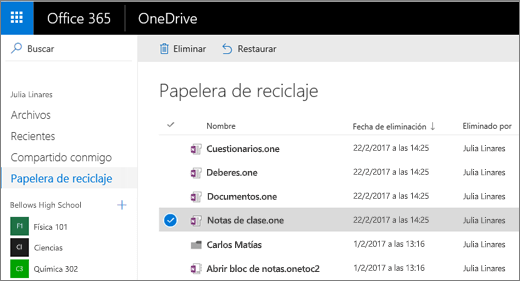 Papelera de reciclaje de OneDrive con una lista de las páginas del bloc de notas.