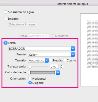 El cuadro de diálogo Insertar marca de agua, con las opciones de texto resaltadas