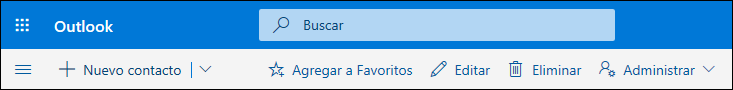 Captura de pantalla en la que se muestran las opciones disponibles en la barra de comandos de Contactos, como Nuevo contacto, Editar, Eliminar, Agregar a favoritos y Administrar.