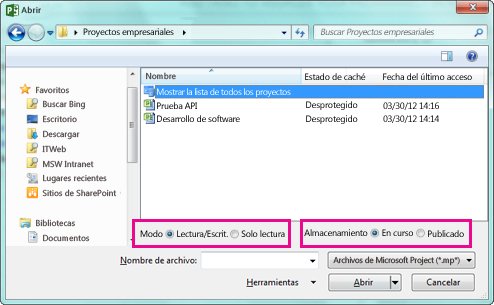 Cuadro de diálogo abierto donde aparecen los archivos de Project Online
